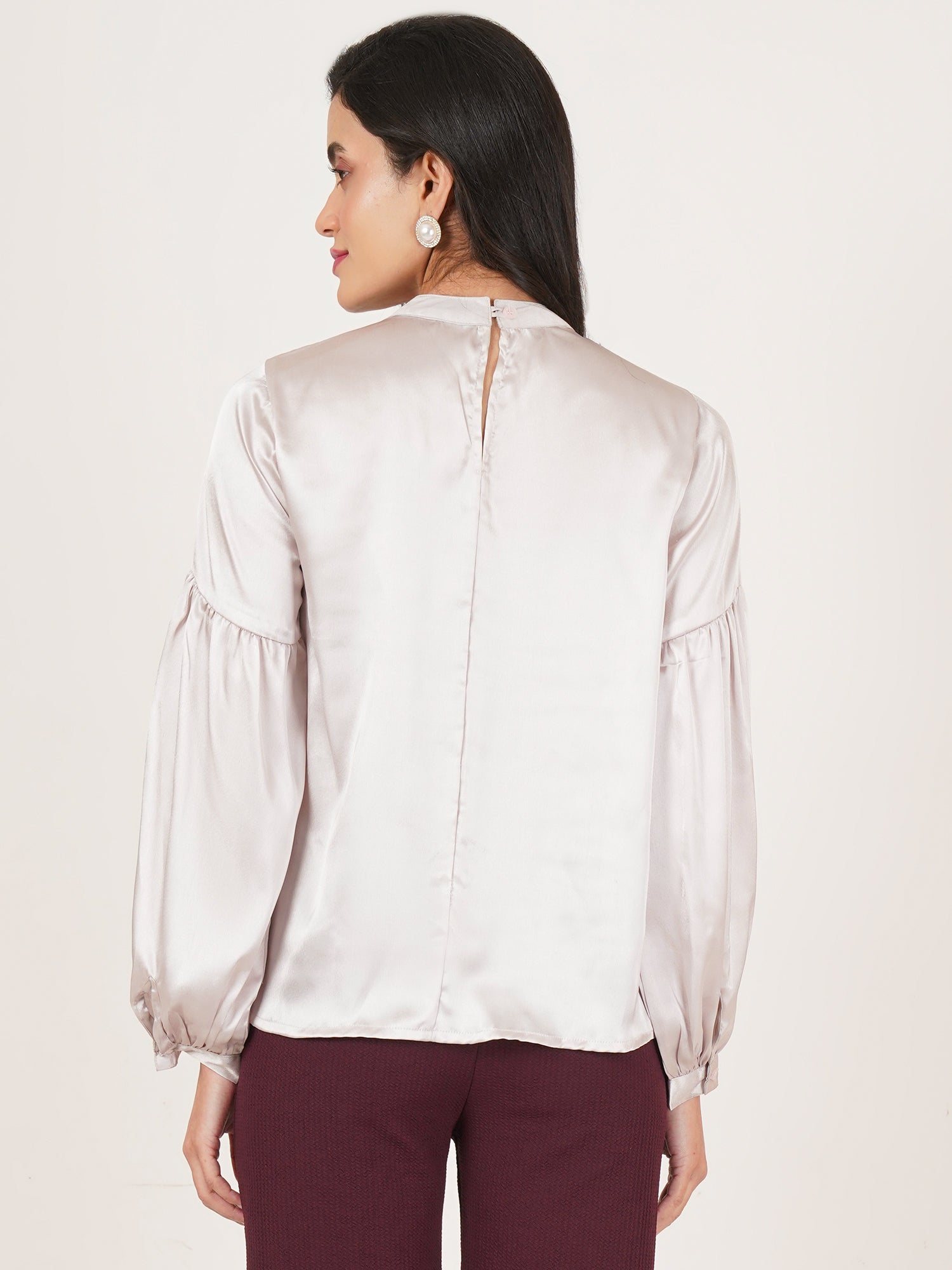 U&F Women Embellished Choker Neck Puff Sleeve Satin Top