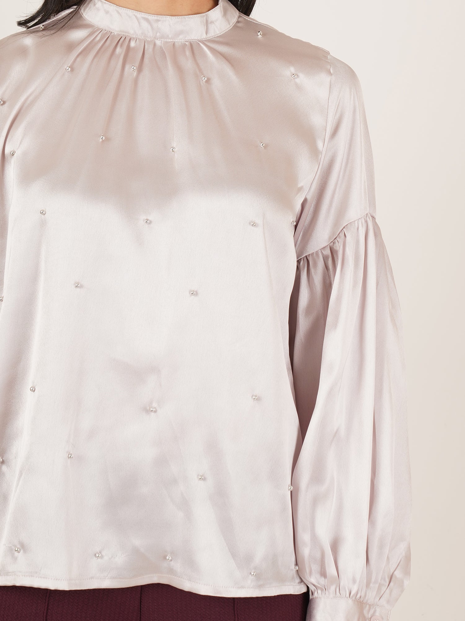 U&F Women Embellished Choker Neck Puff Sleeve Satin Top