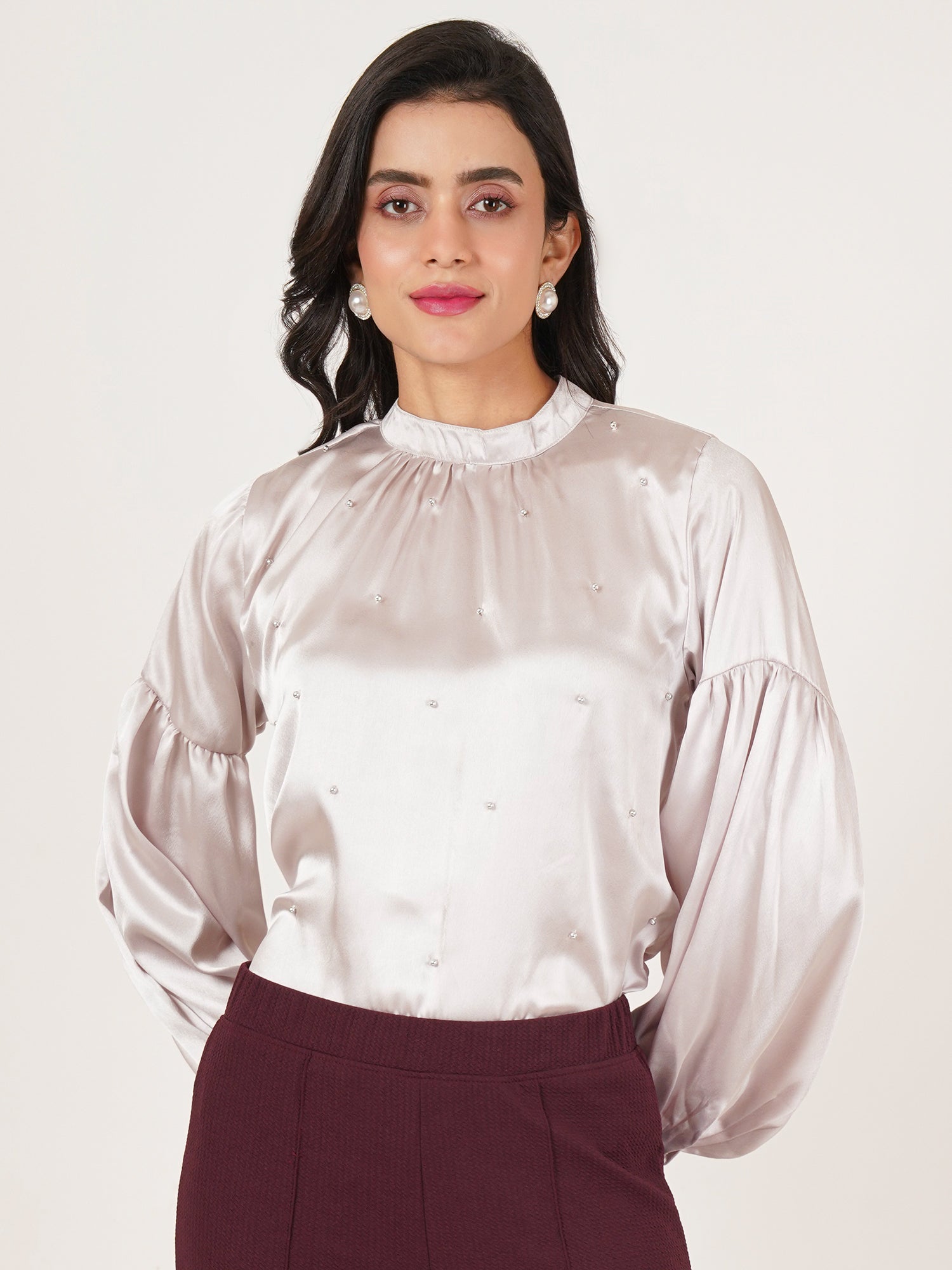 U&F Women Embellished Choker Neck Puff Sleeve Satin Top