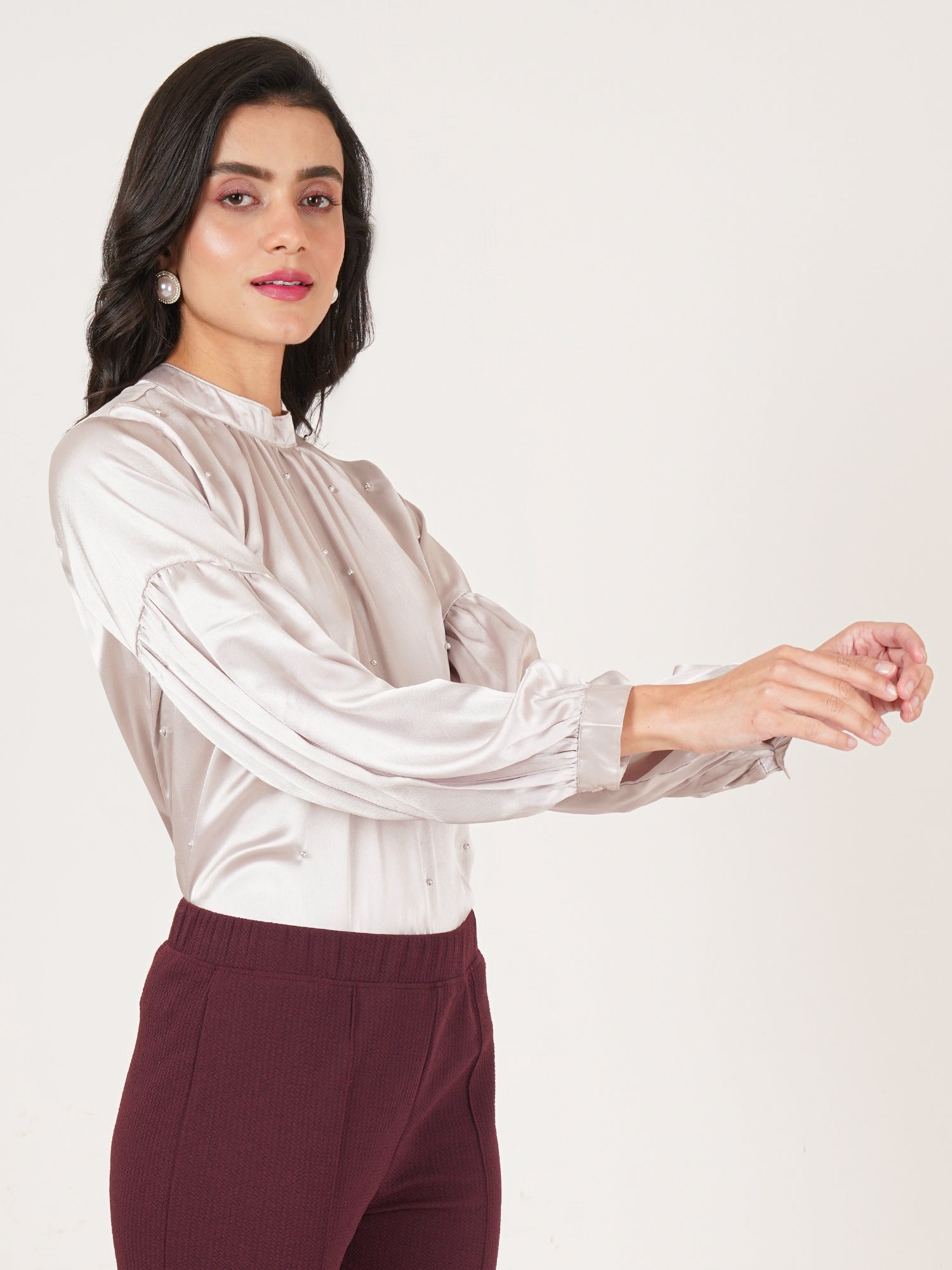 U&F Women Embellished Choker Neck Puff Sleeve Satin Top