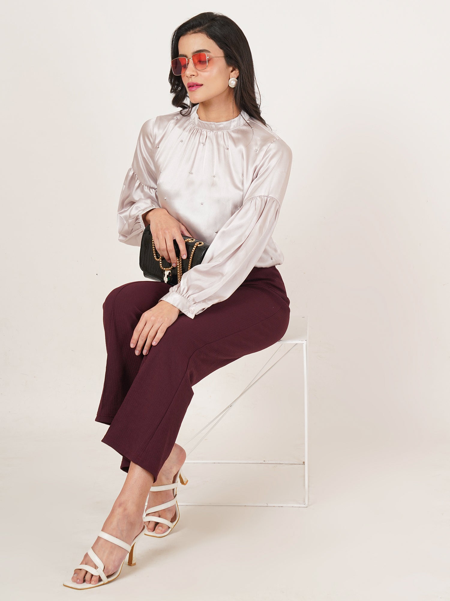 U&F Women Embellished Choker Neck Puff Sleeve Satin Top