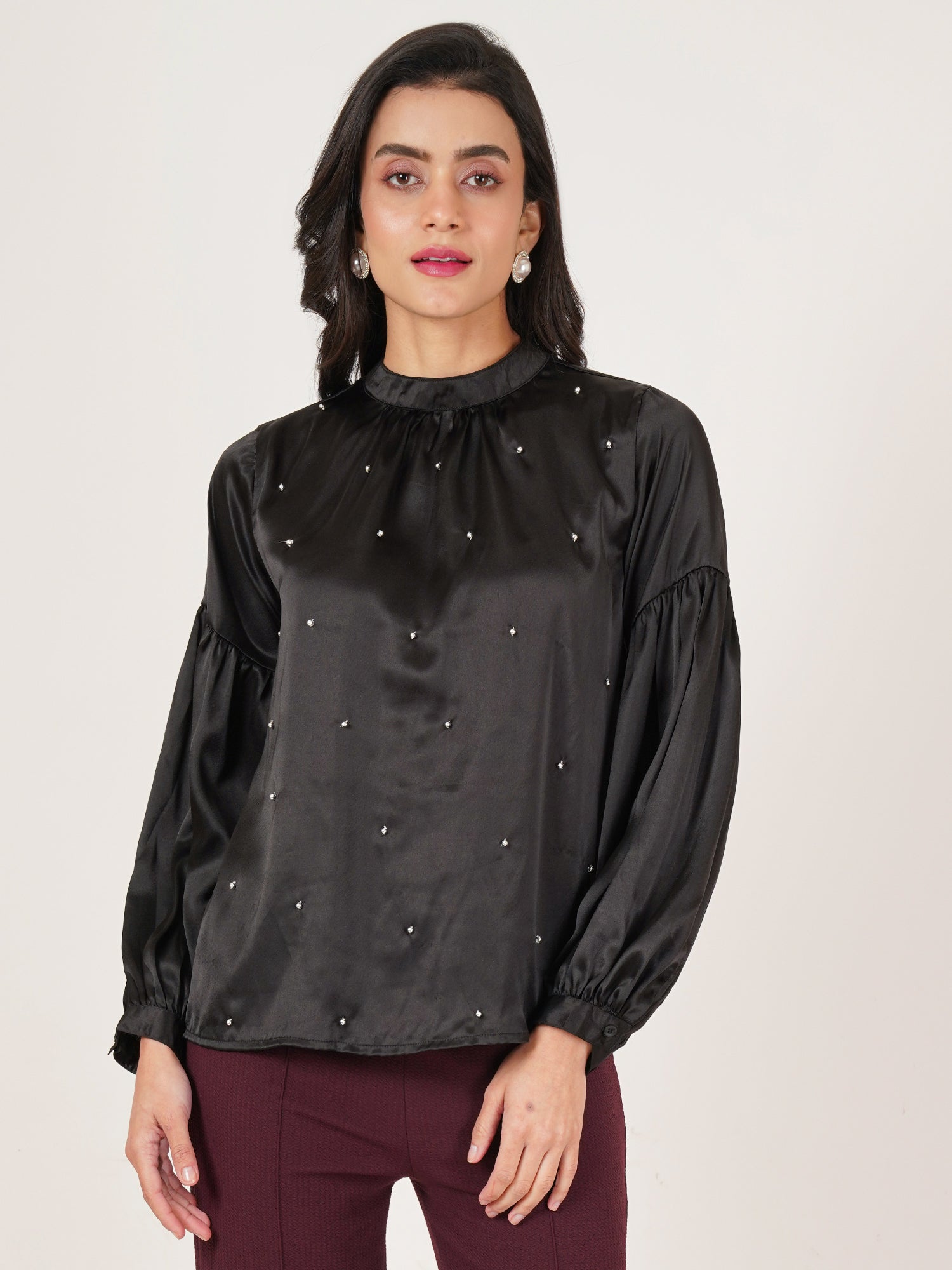 U&F Women Embellished Choker Neck Puff Sleeve Satin Top