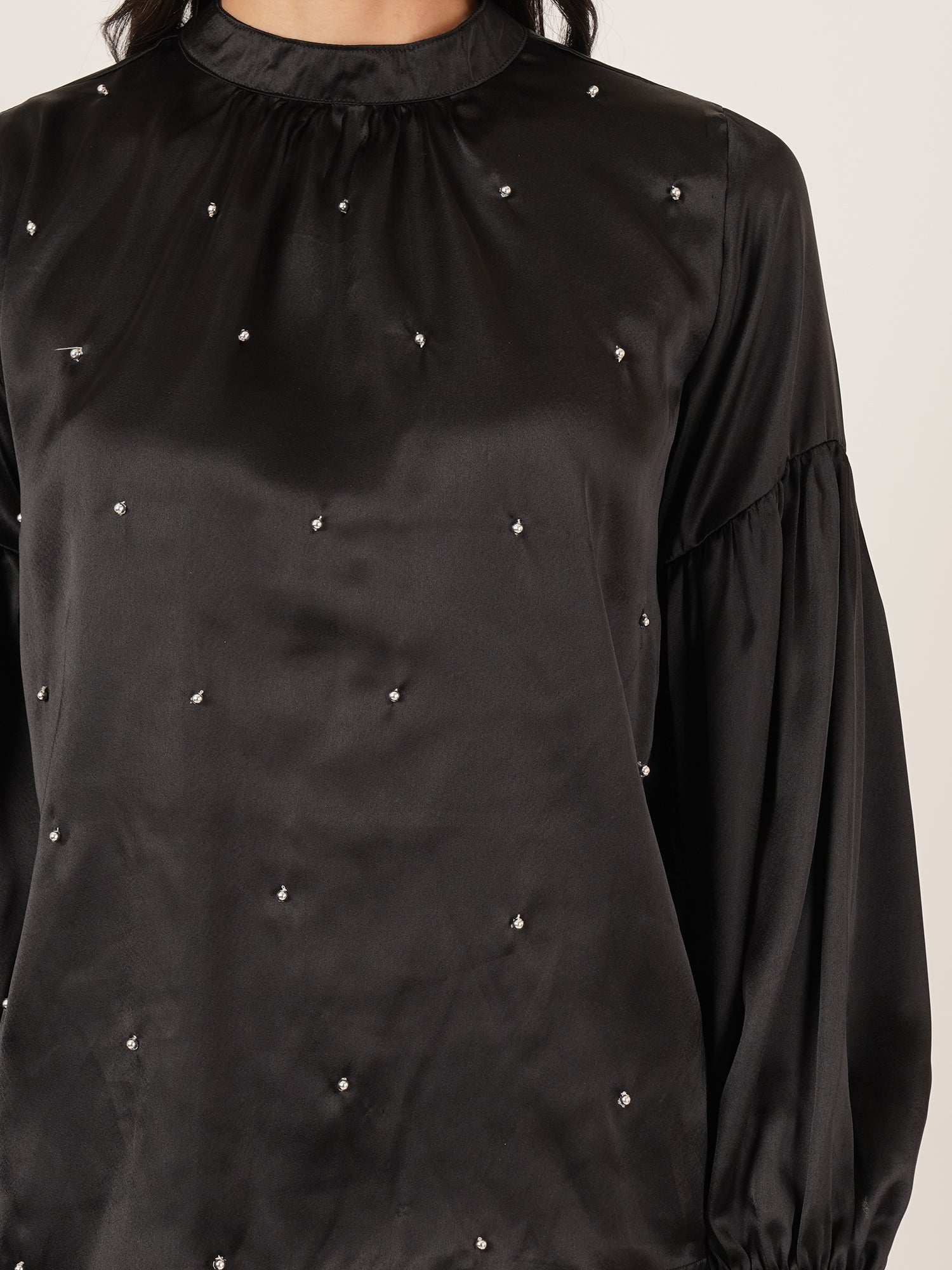 U&F Women Embellished Choker Neck Puff Sleeve Satin Top