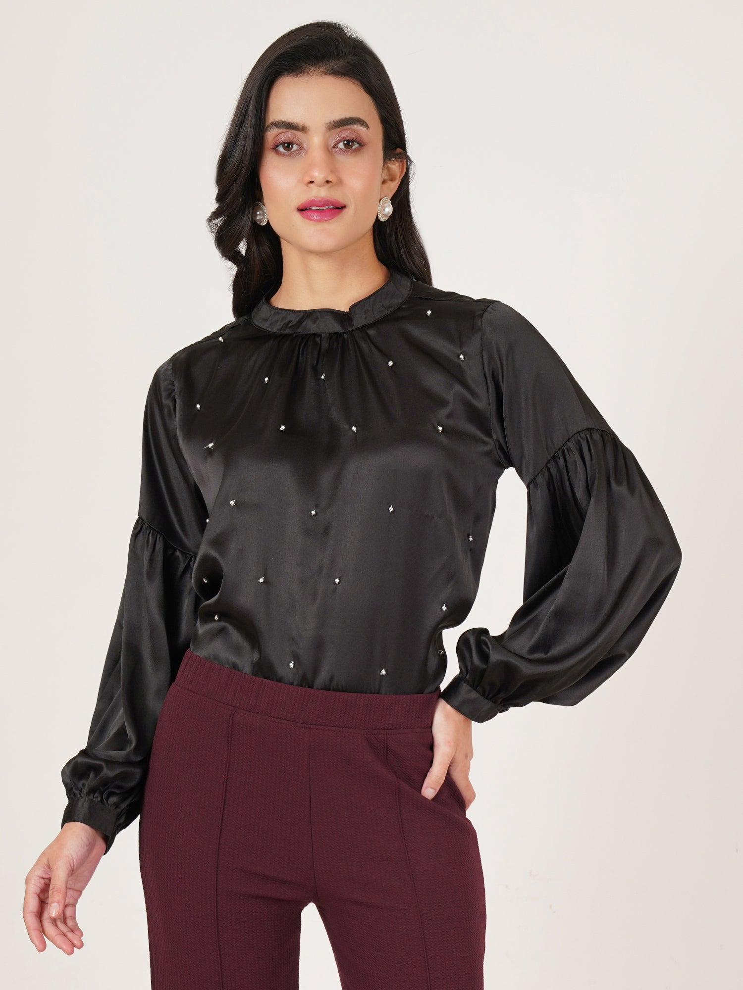 U&F Women Embellished Choker Neck Puff Sleeve Satin Top