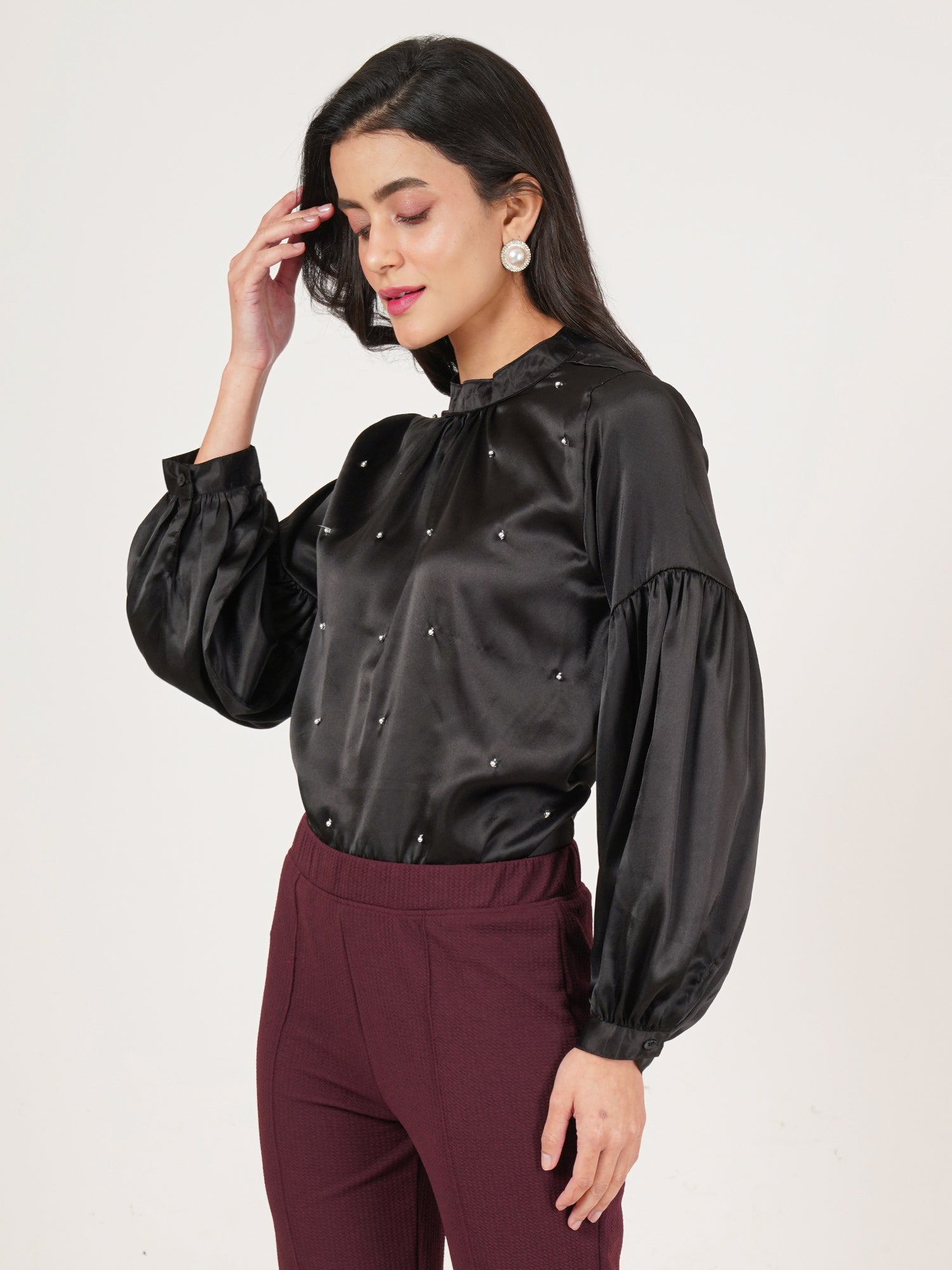 U&F Women Embellished Choker Neck Puff Sleeve Satin Top