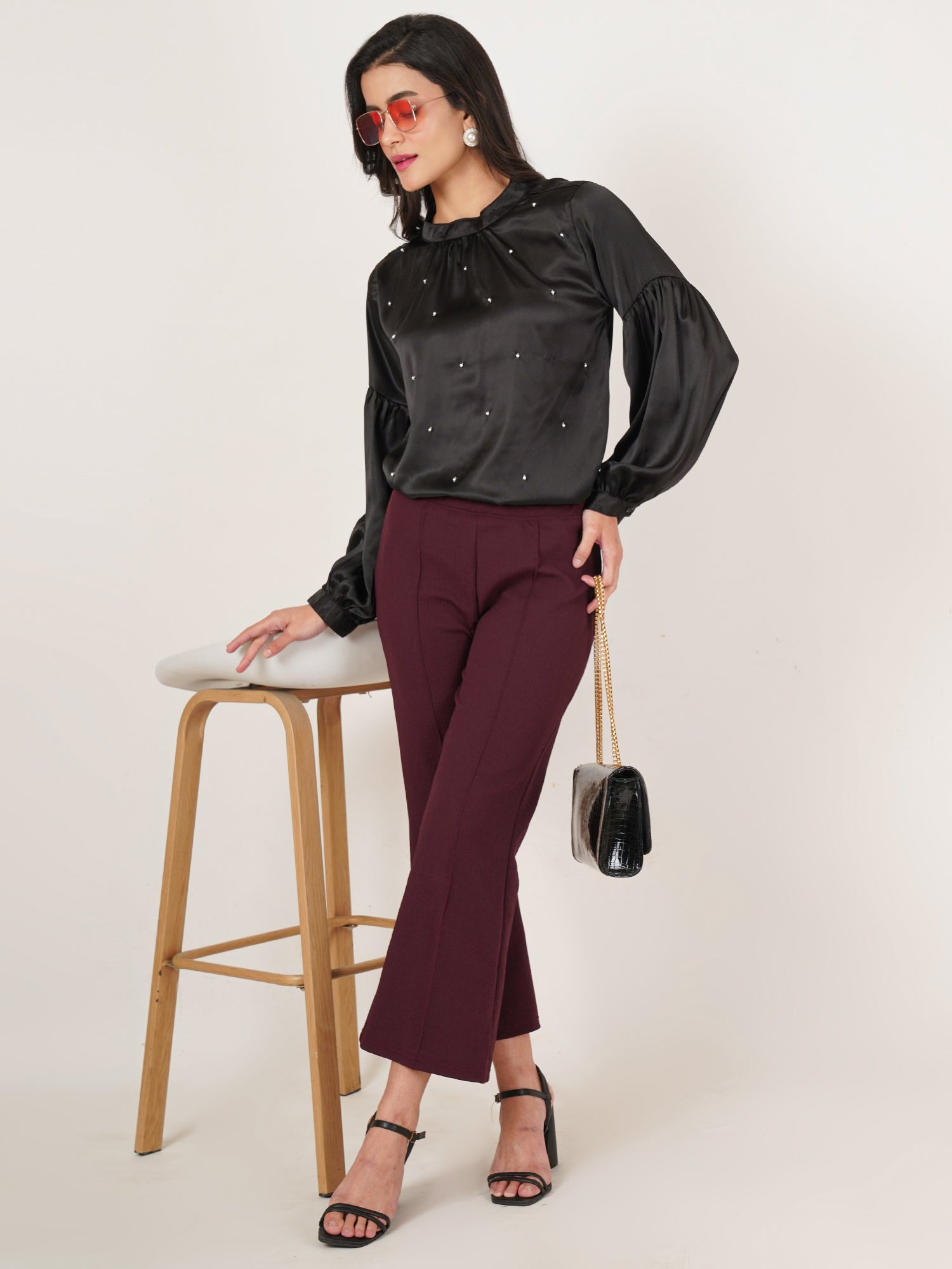 U&F Women Embellished Choker Neck Puff Sleeve Satin Top