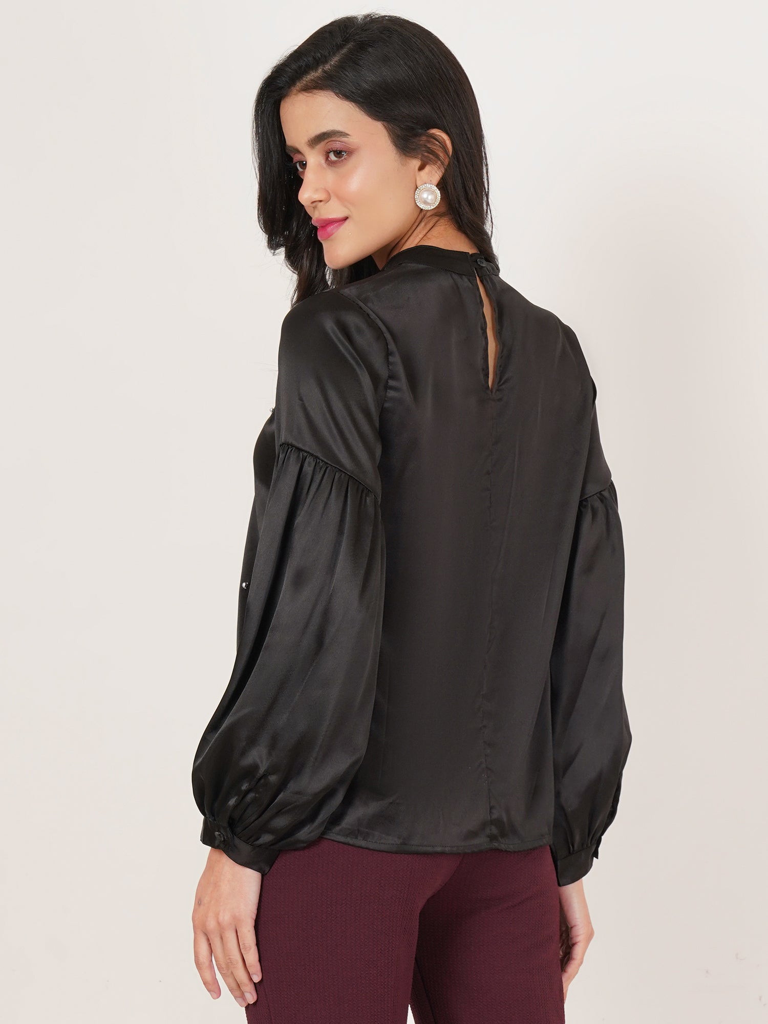 U&F Women Embellished Choker Neck Puff Sleeve Satin Top