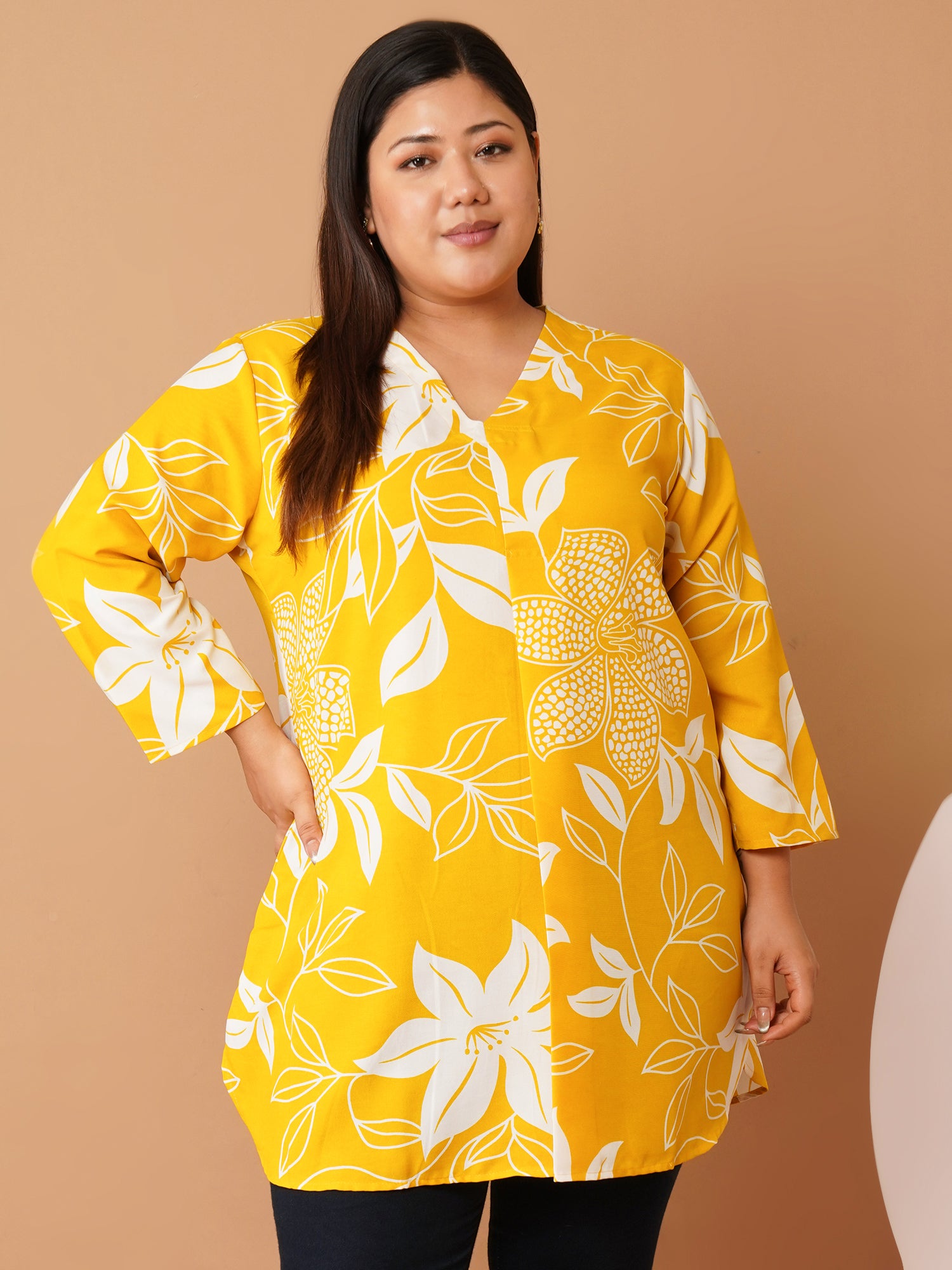 U&F Beyond Yellow Floral Printed Cotton V-Neck Longline Tunic Top