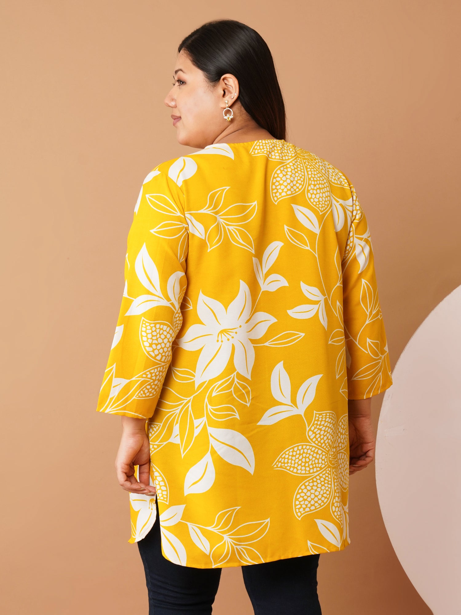 U&F Beyond Yellow Floral Printed Cotton V-Neck Longline Tunic Top