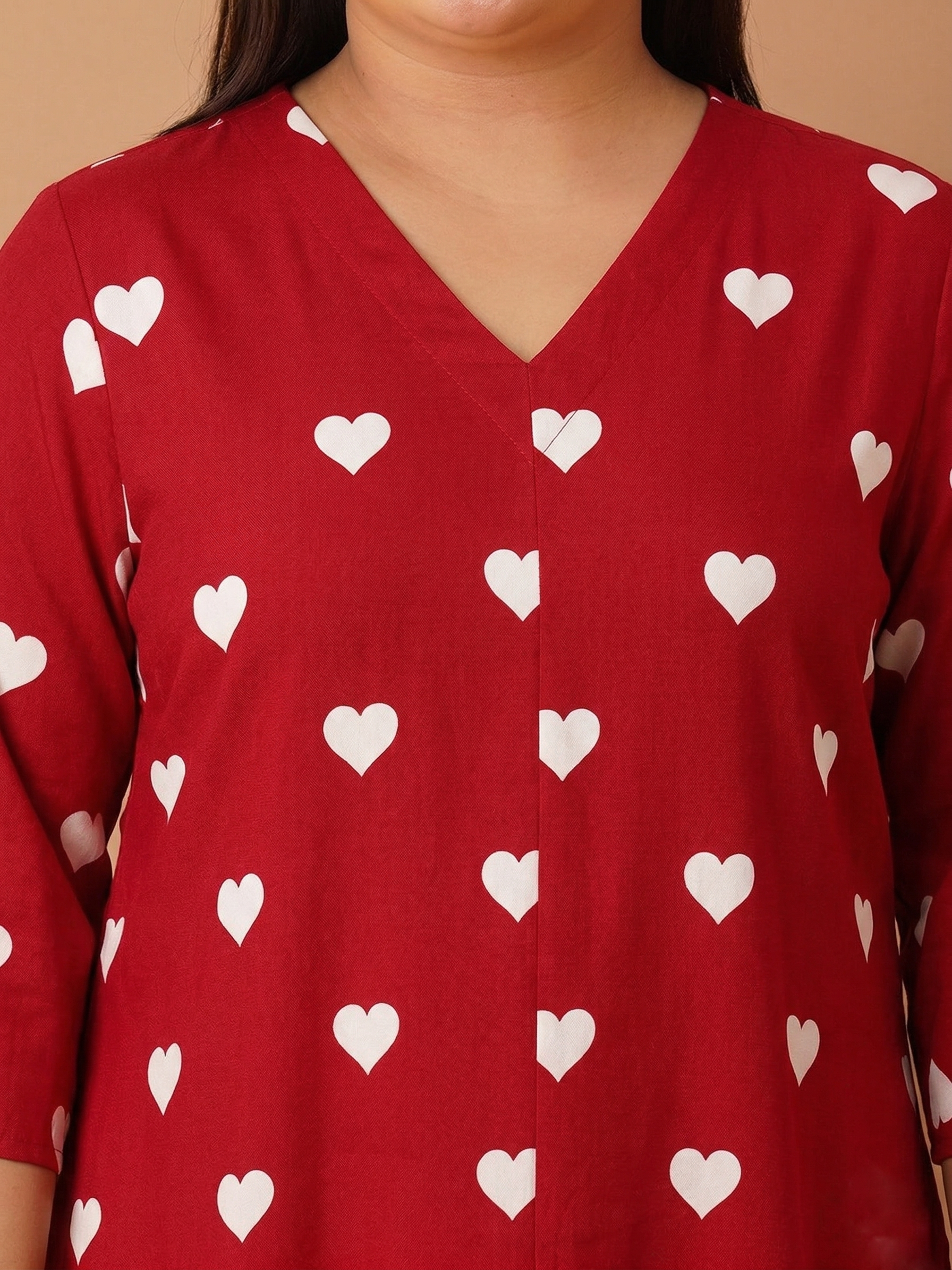 U&F Beyond Red Heart Print Cotton V-Neck Tunic Top