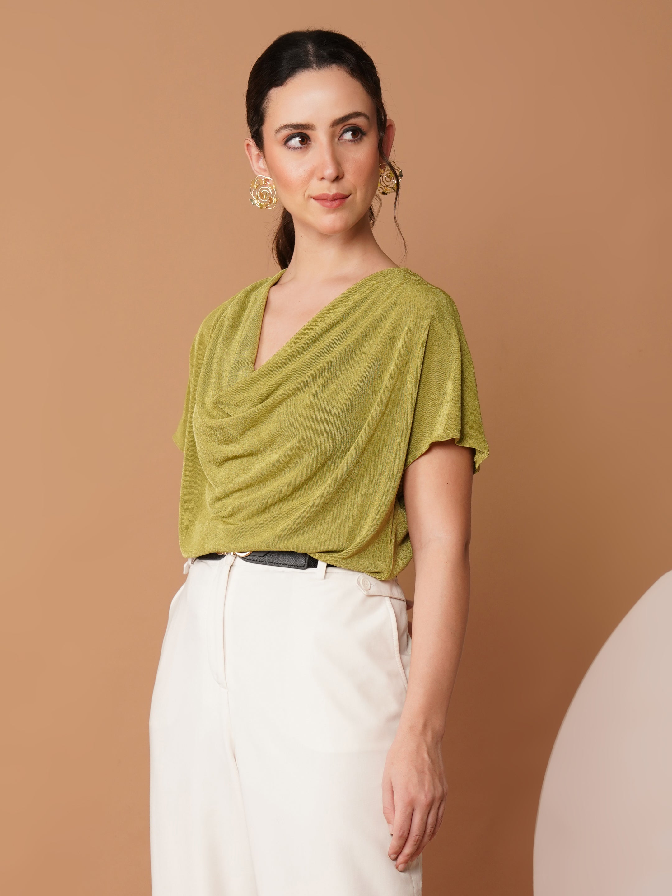 U&F Green Drape Neck Shimmery Top