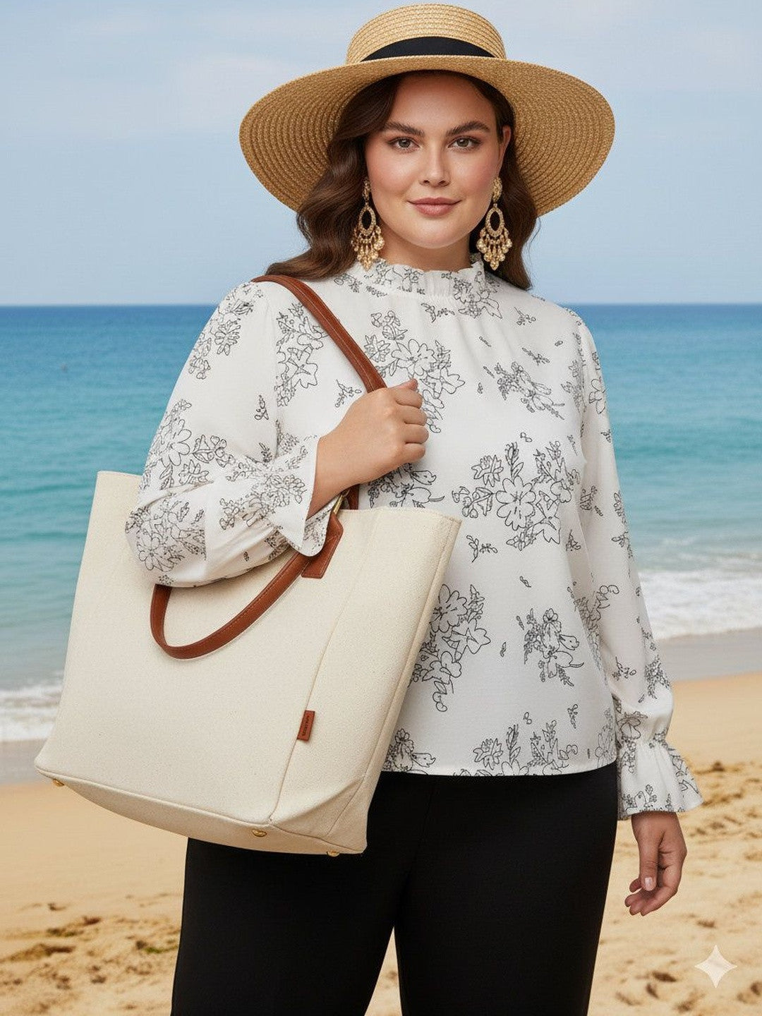 U&F Beyond White Floral Printed Puff Sleeves Ruffles Long Sleeves High Neck Regular Top