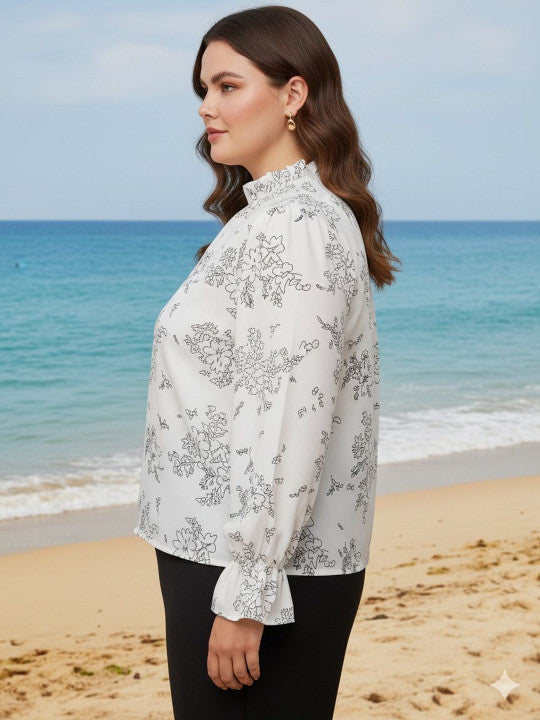 U&F Beyond White Floral Printed Puff Sleeves Ruffles Long Sleeves High Neck Regular Top