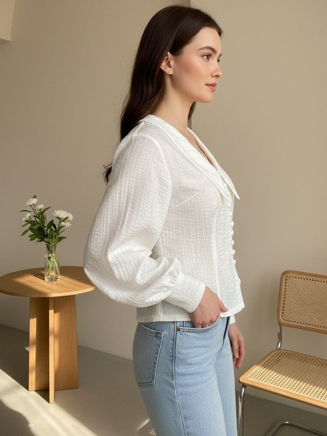 U&F Off White Textured Peter Pan Collar with Oversized Lantern Sleeves