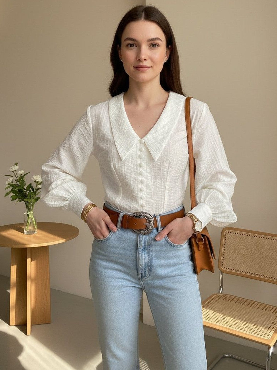 U&F Off White Textured Peter Pan Collar with Oversized Lantern Sleeves