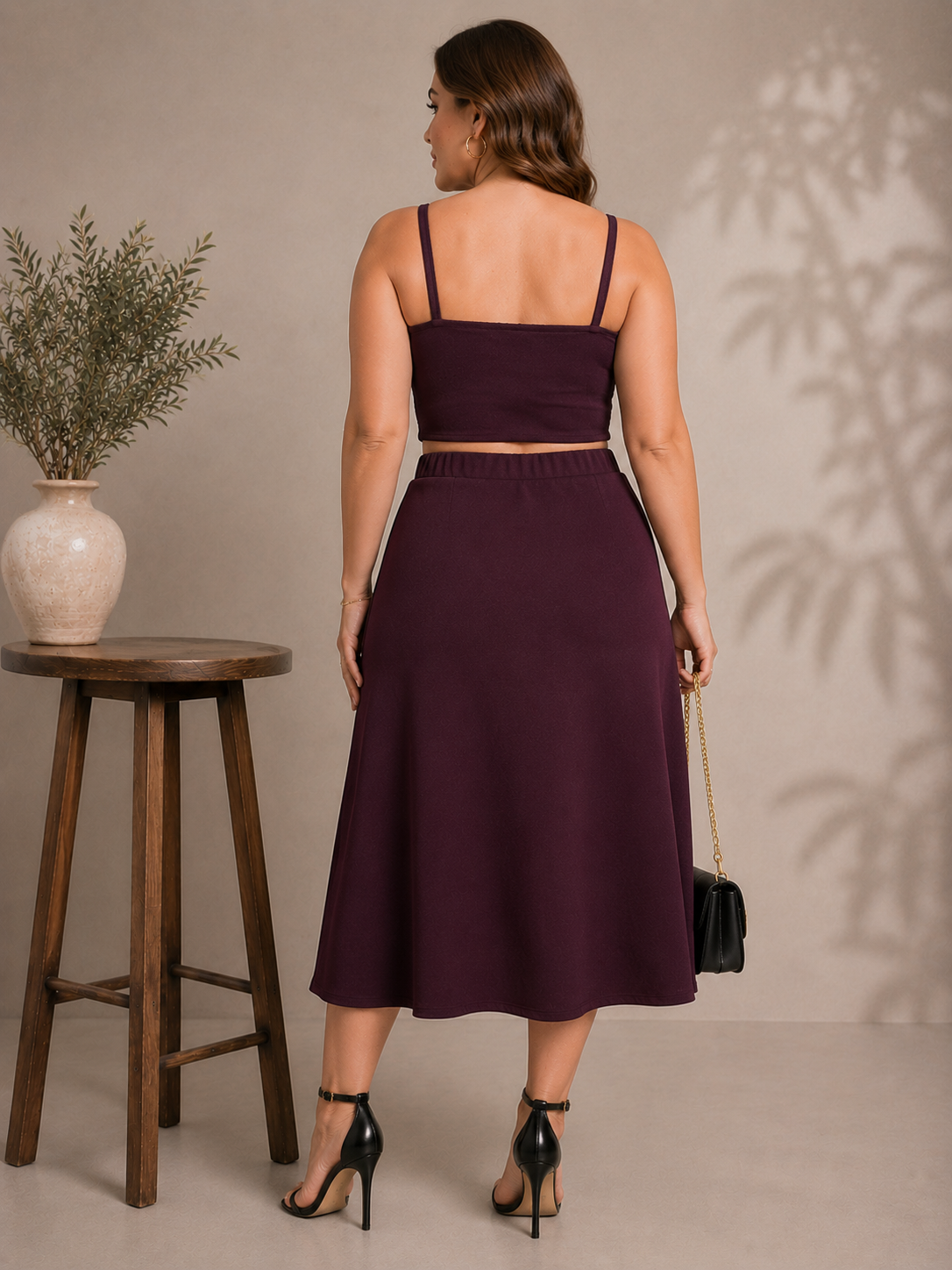 U&F Beyond Purple Sequin Crop Top & Flared Midi Skirt Plus Size Co-Ord Set