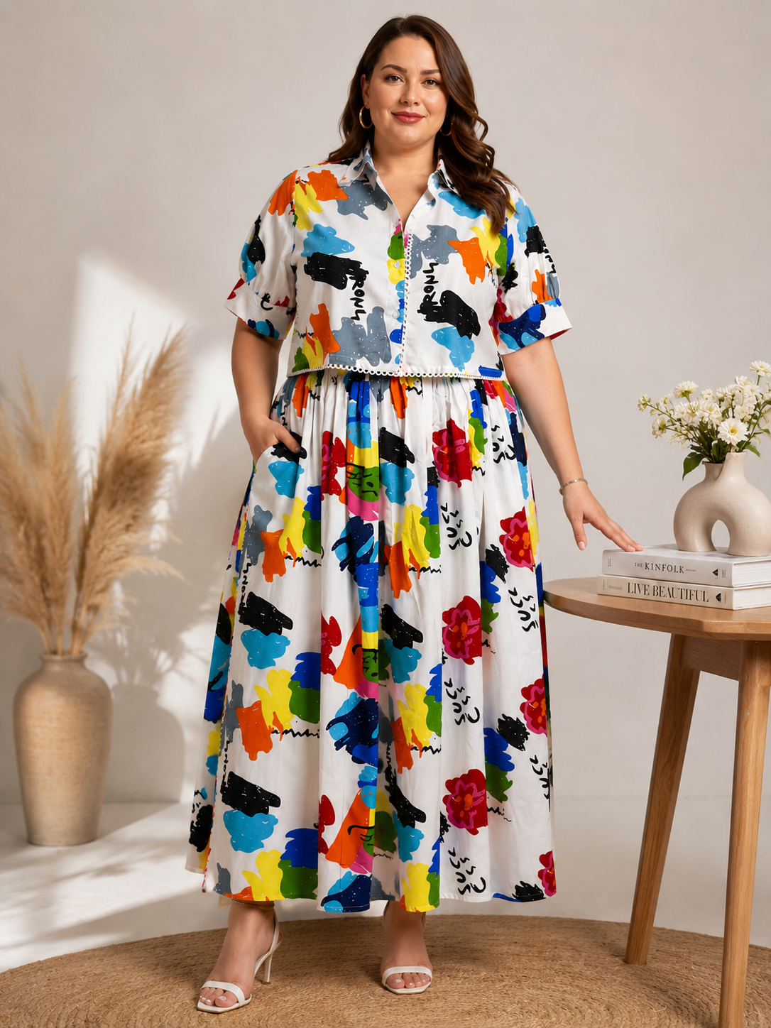 U&F Beyond Plus Size White Multicolor Printed Co-Ord Set with Maxi Skirt