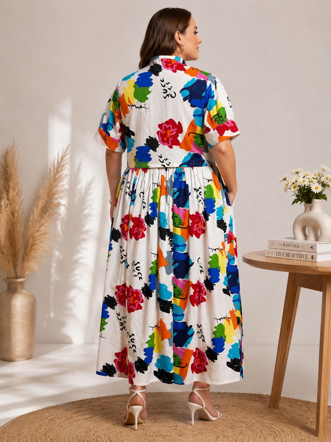 U&F Beyond Plus Size White Multicolor Printed Co-Ord Set with Maxi Skirt
