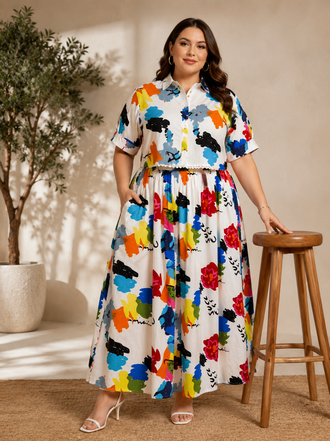 U&F Beyond Plus Size White Multicolor Printed Co-Ord Set with Maxi Skirt