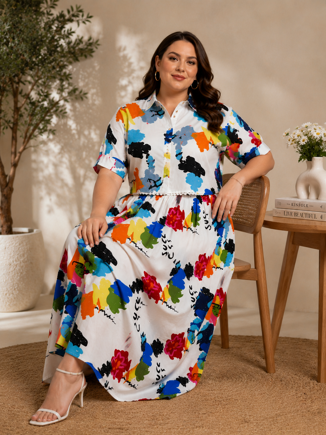 U&F Beyond Plus Size White Multicolor Printed Co-Ord Set with Maxi Skirt