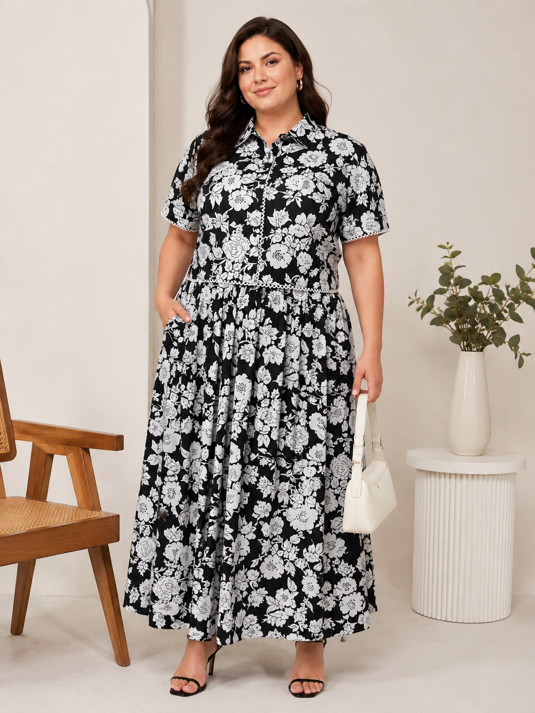 U&F Beyond Women Plus Size Black & White Floral Printed Top & Maxi Skirt Co-Ord Set