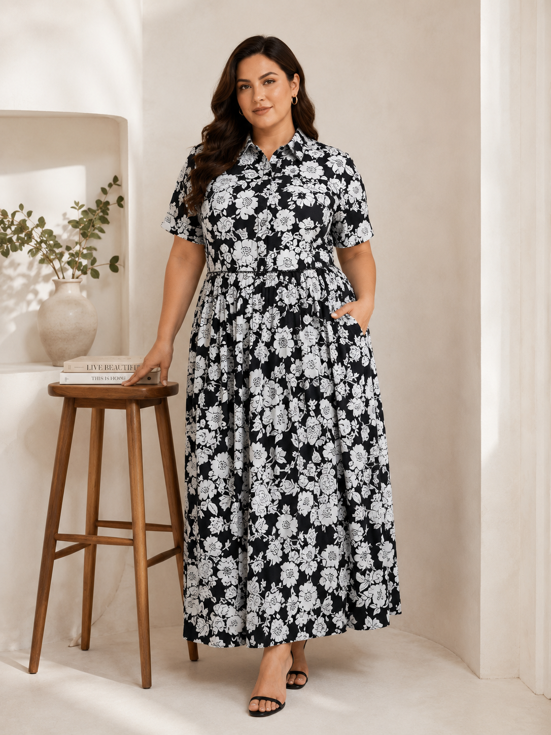 U&F Beyond Women Plus Size Black & White Floral Printed Top & Maxi Skirt Co-Ord Set