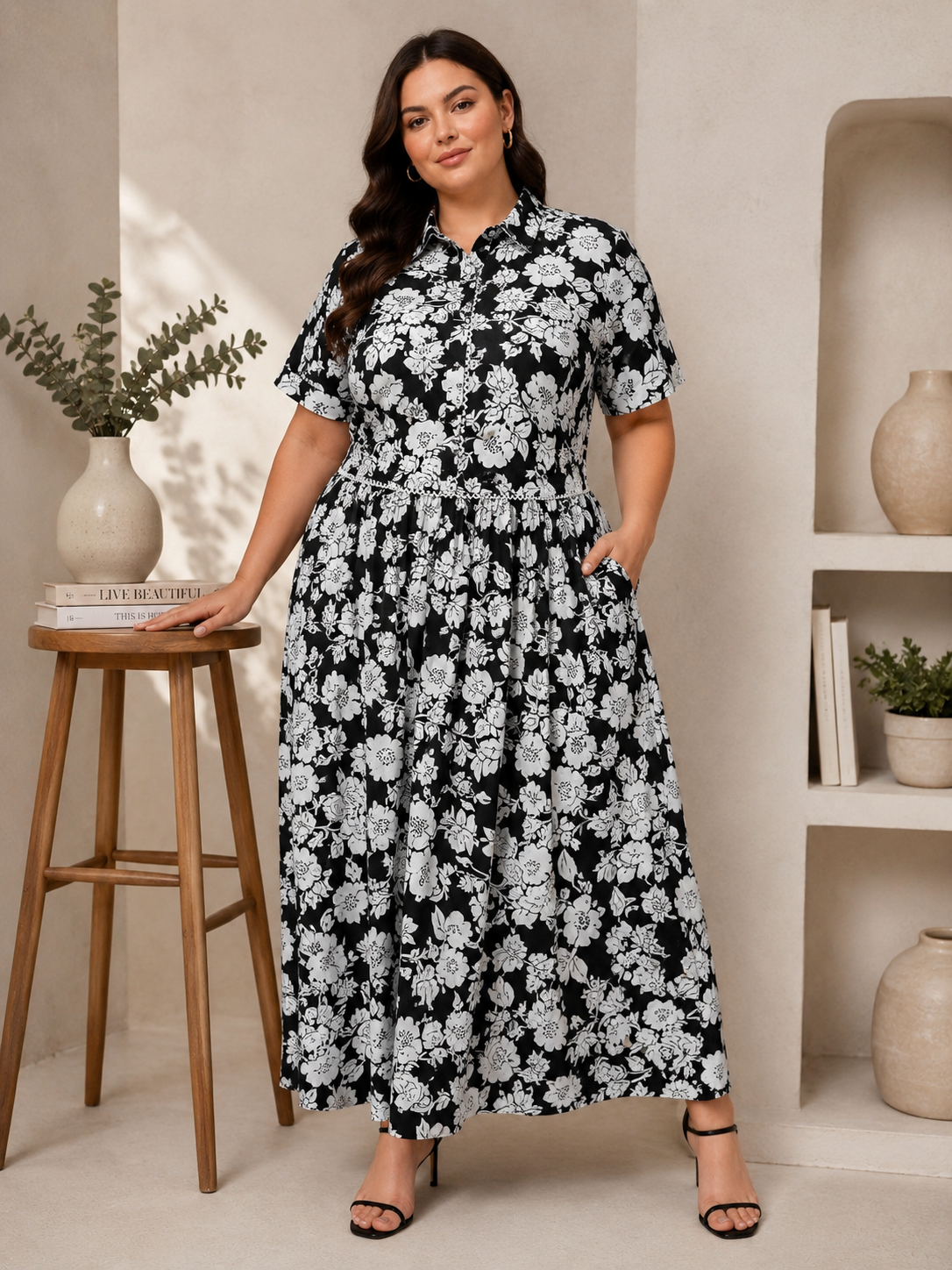 U&F Beyond Women Plus Size Black & White Floral Printed Top & Maxi Skirt Co-Ord Set