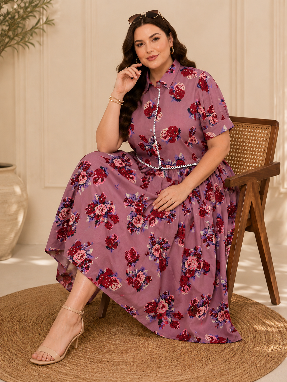 U&F Beyond Mauve Floral Printed Plus Size Shirt & Maxi Skirt Co-Ord Set