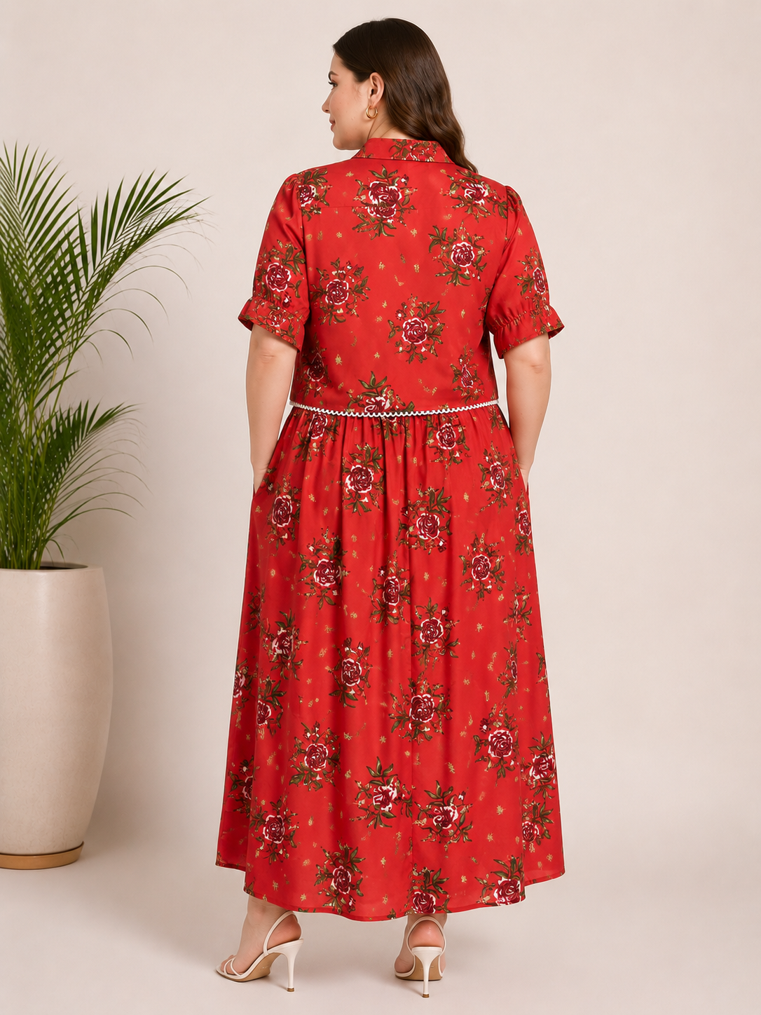 U&F Beyond Red Floral Printed Plus Size Shirt & Maxi Skirt Co-Ord Set