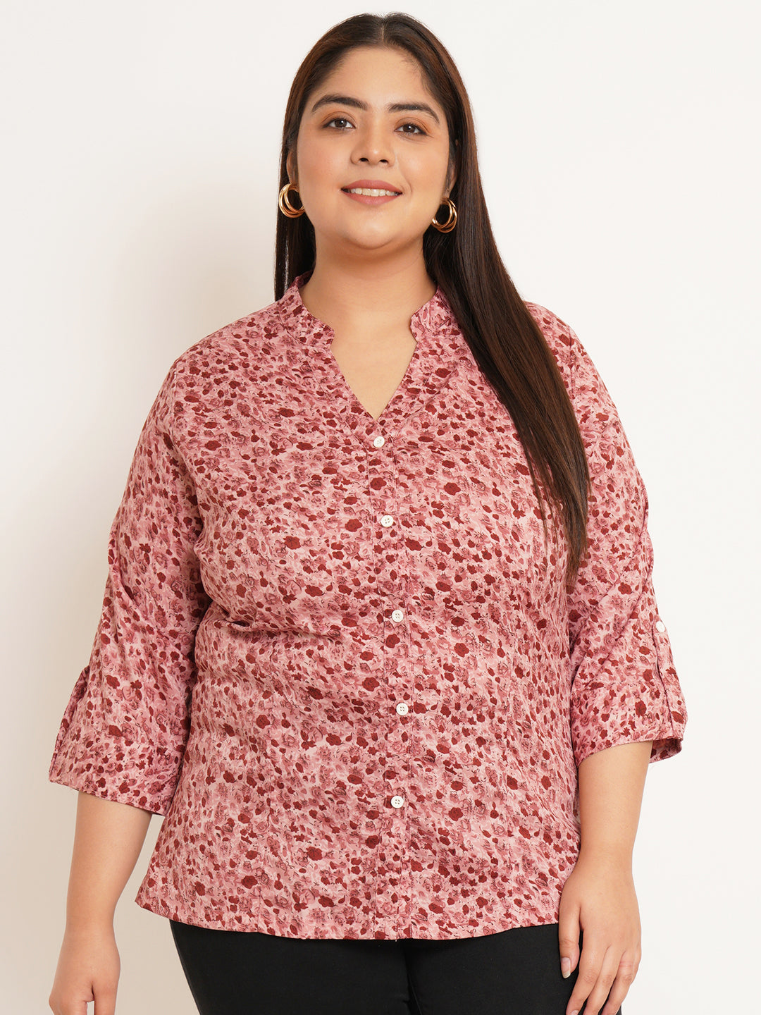 Women Plus Size Floral Printed Mandarin Collar Top