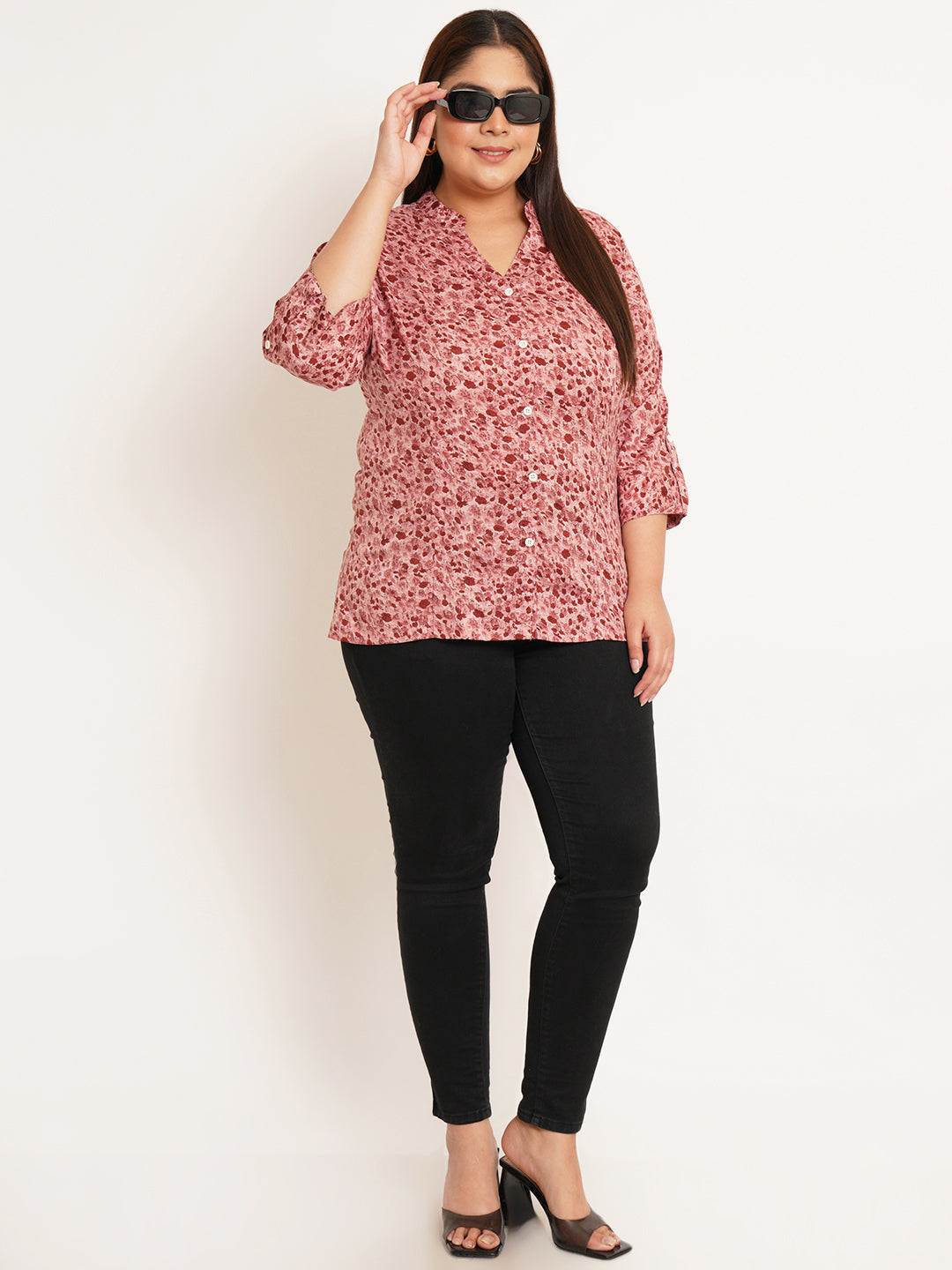 Women Plus Size Floral Printed Mandarin Collar Top