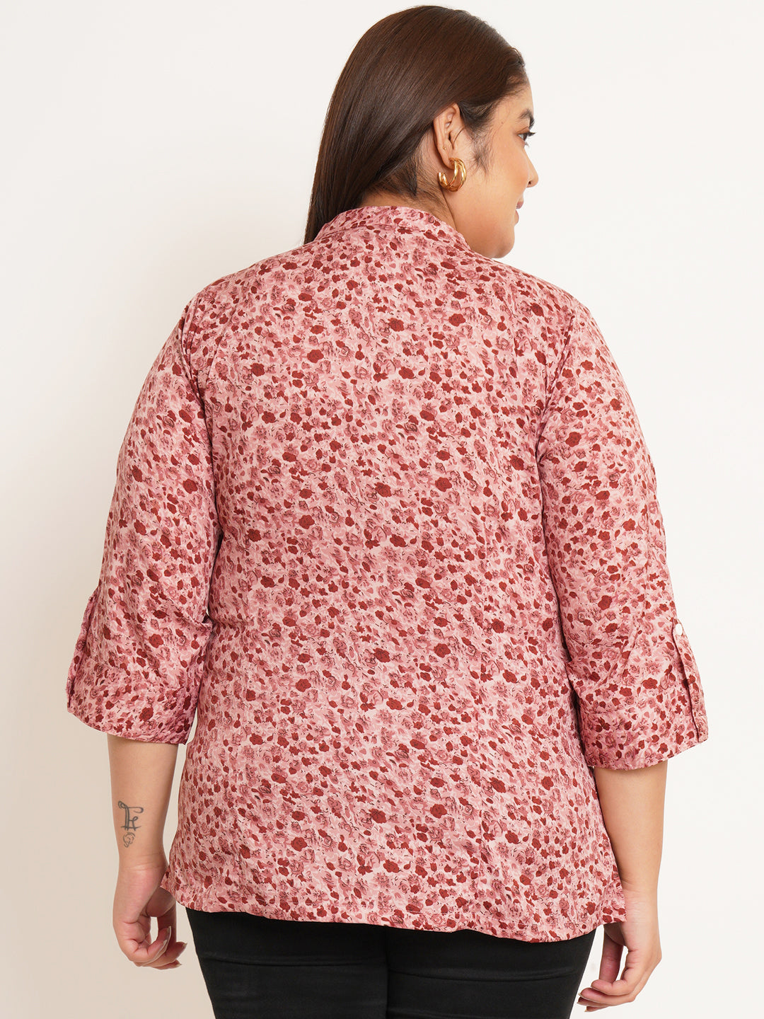 Women Plus Size Floral Printed Mandarin Collar Top