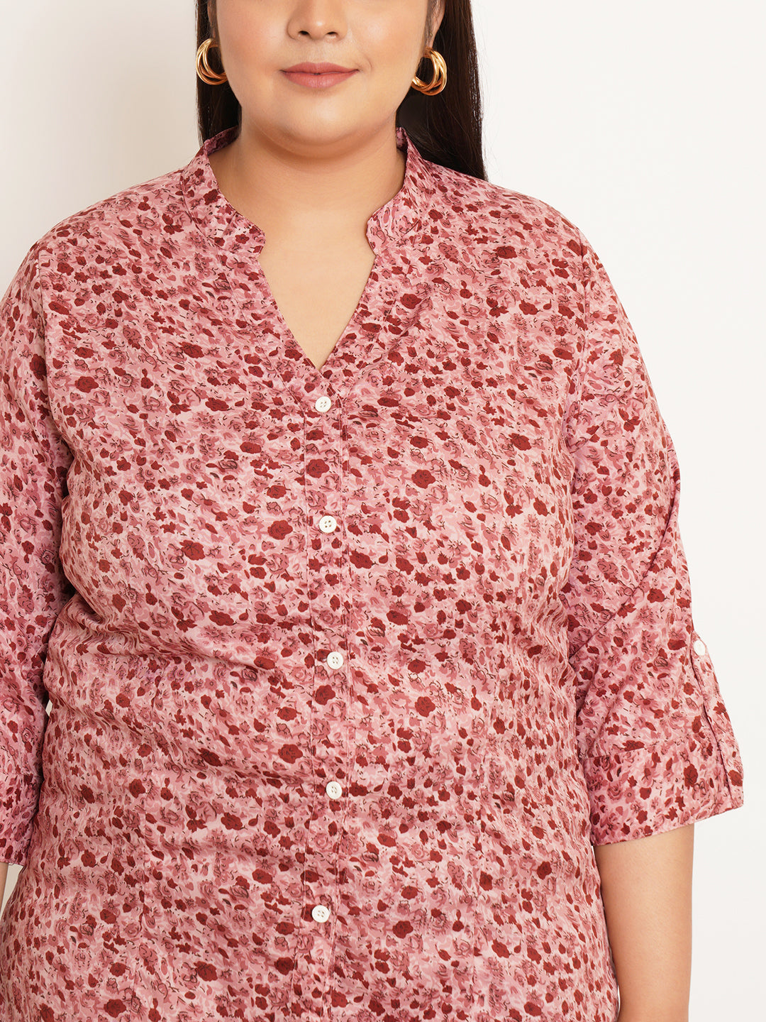 Women Plus Size Floral Printed Mandarin Collar Top
