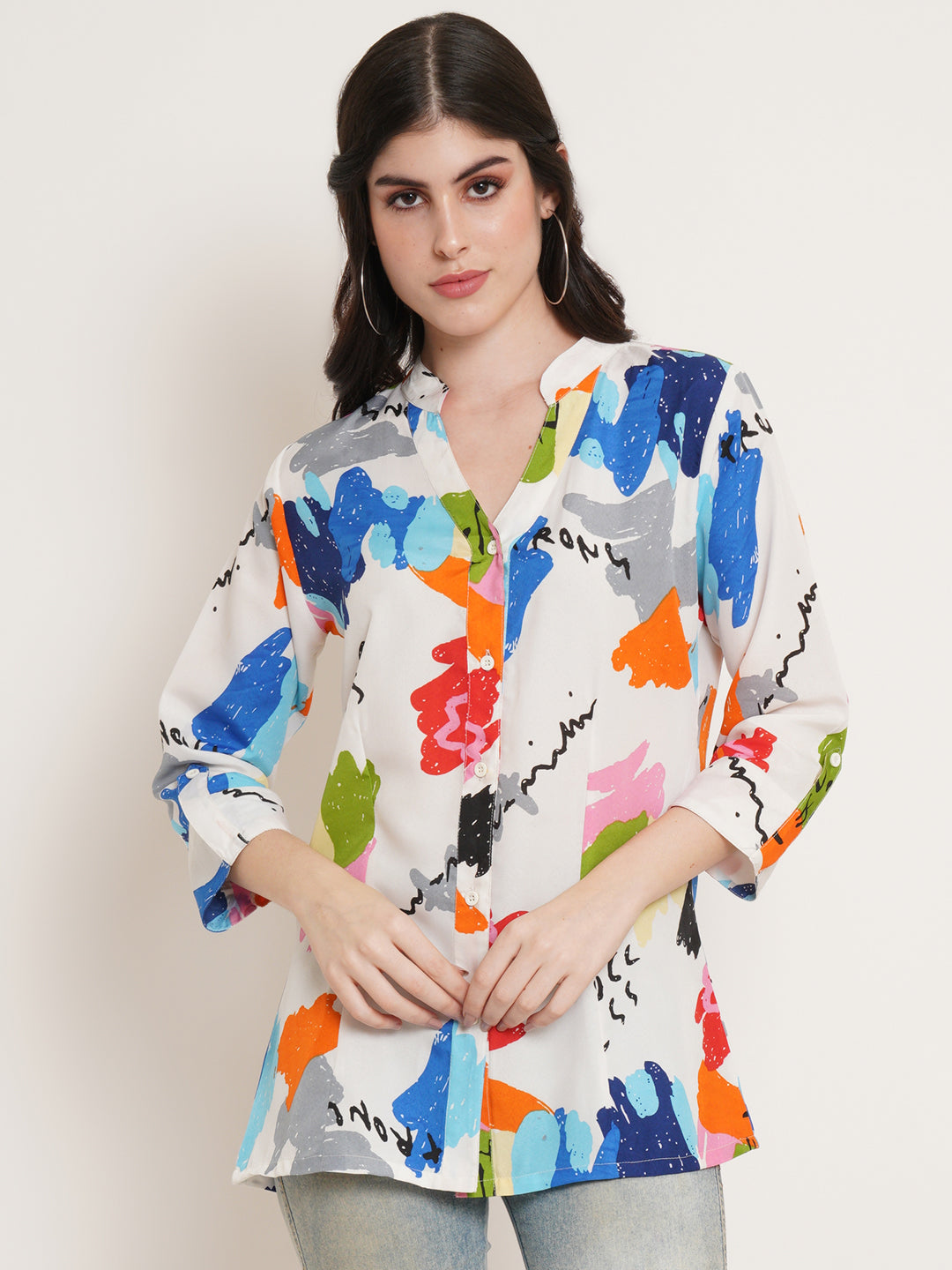 Women White Abstract Printed Band Collar Shirt Style Top