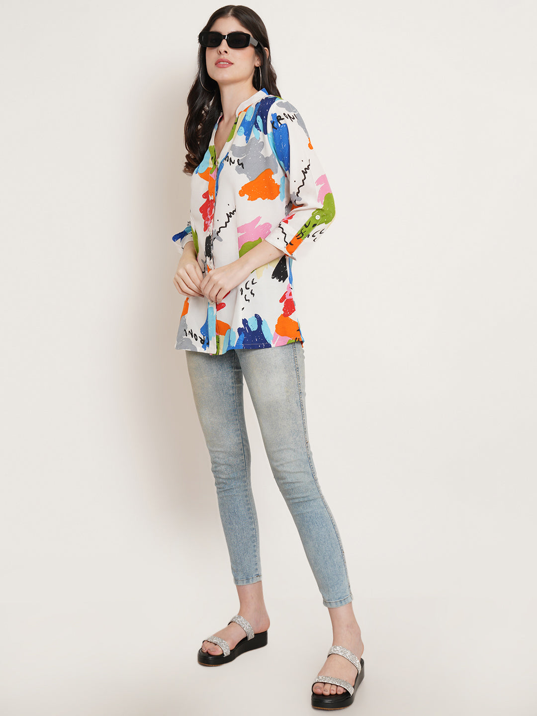 Women White Abstract Printed Band Collar Shirt Style Top