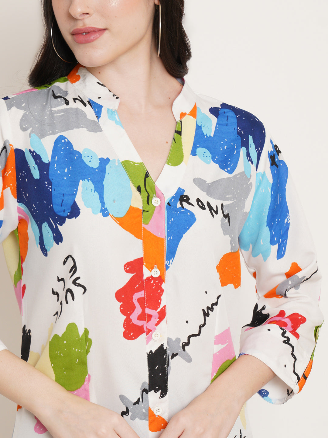 Women White Abstract Printed Band Collar Shirt Style Top
