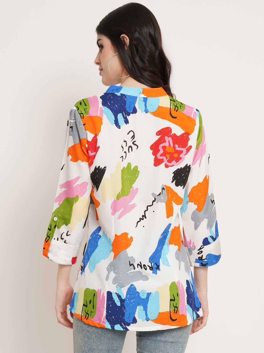 Women White Abstract Printed Band Collar Shirt Style Top