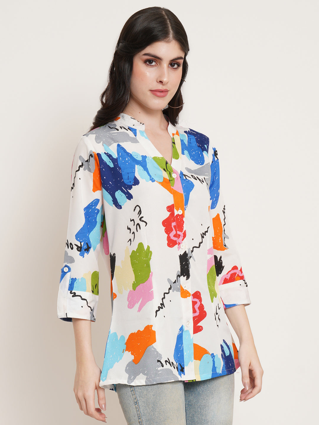 Women White Abstract Printed Band Collar Shirt Style Top