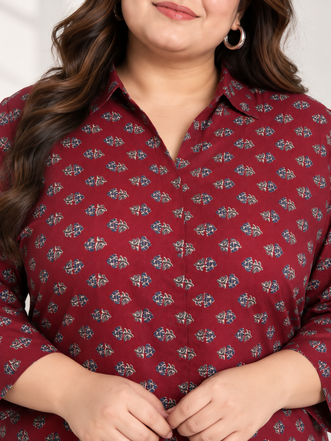 U&F Beyond Women Plus Size Maroon Floral Print Cotton Shirt Style Top