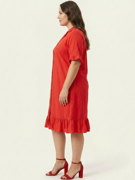 U&F Beyond Red Ruffle-Trim Button-Down Shirt Dress