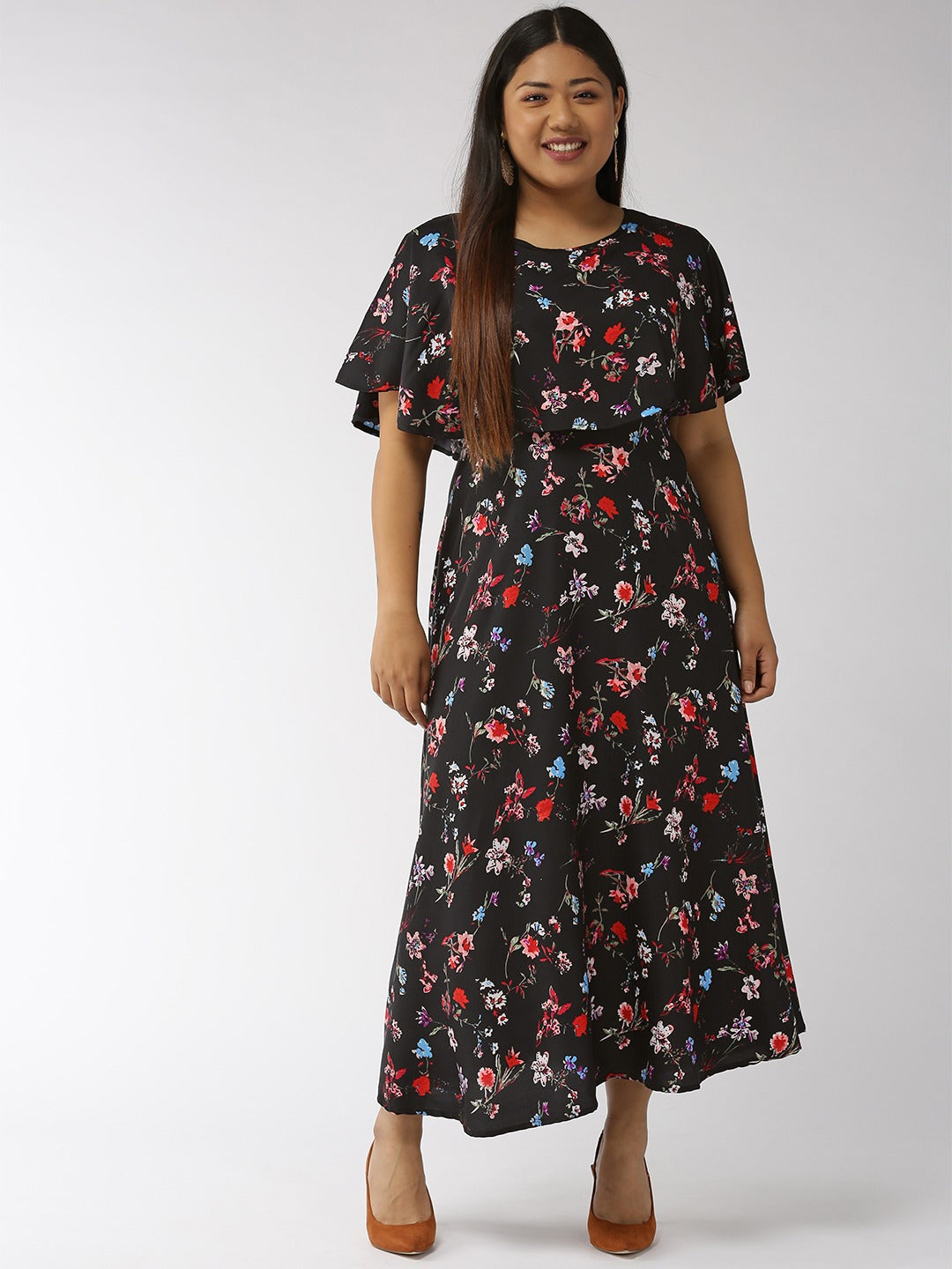 Women Plus Size Black & Red Printed Maxi Dress