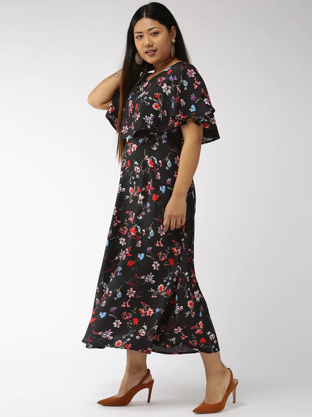 Women Plus Size Black & Red Printed Maxi Dress