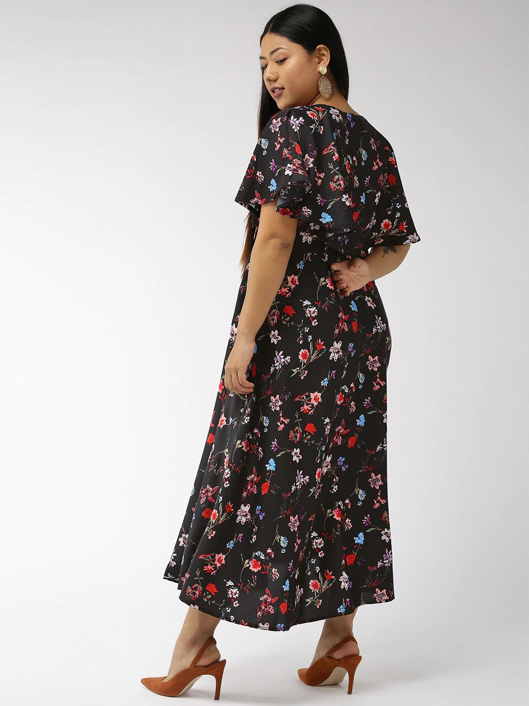Women Plus Size Black & Red Printed Maxi Dress