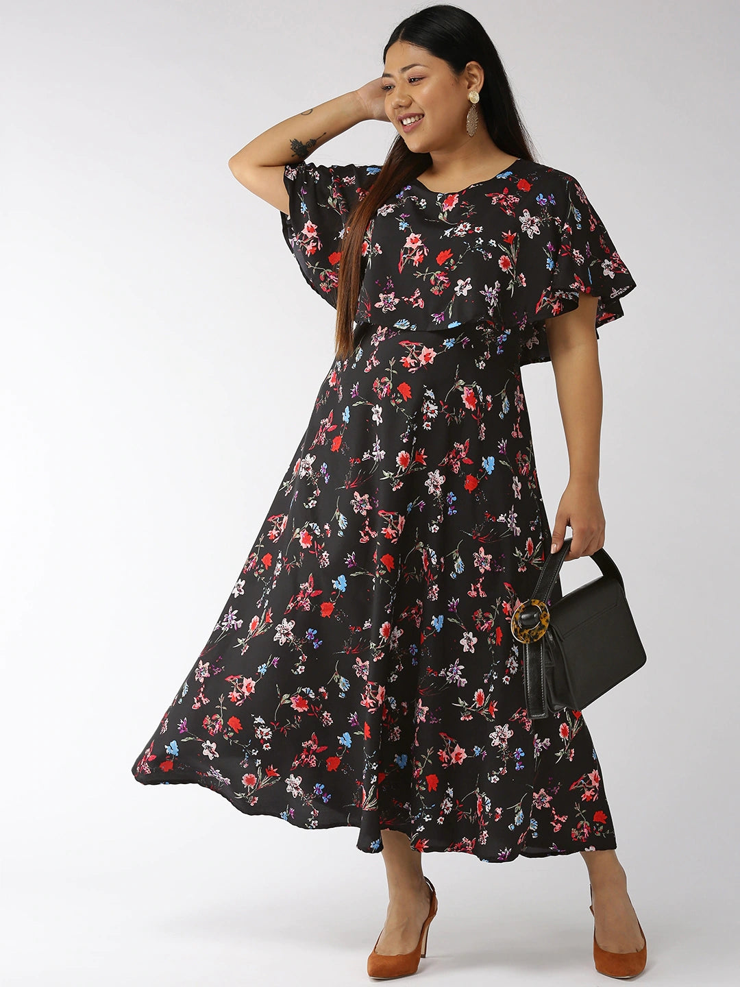 Women Plus Size Black & Red Printed Maxi Dress