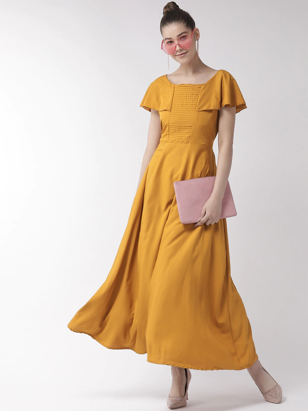 Women Mustard Yellow Solid Maxi Dress