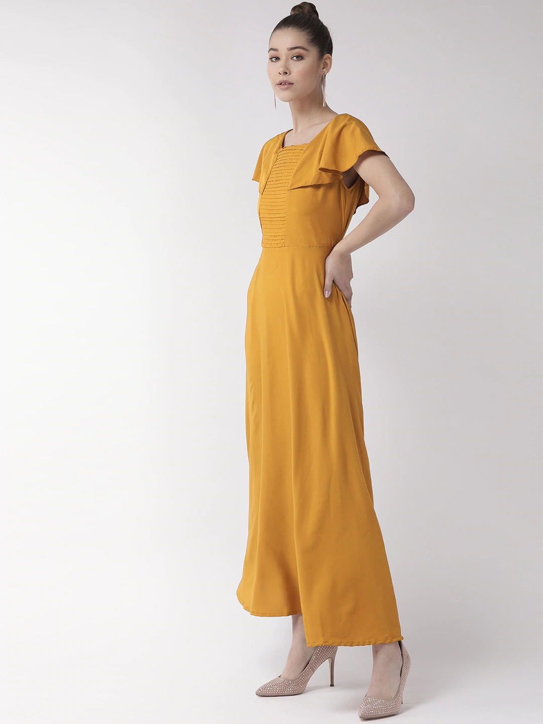 Women Mustard Yellow Solid Maxi Dress