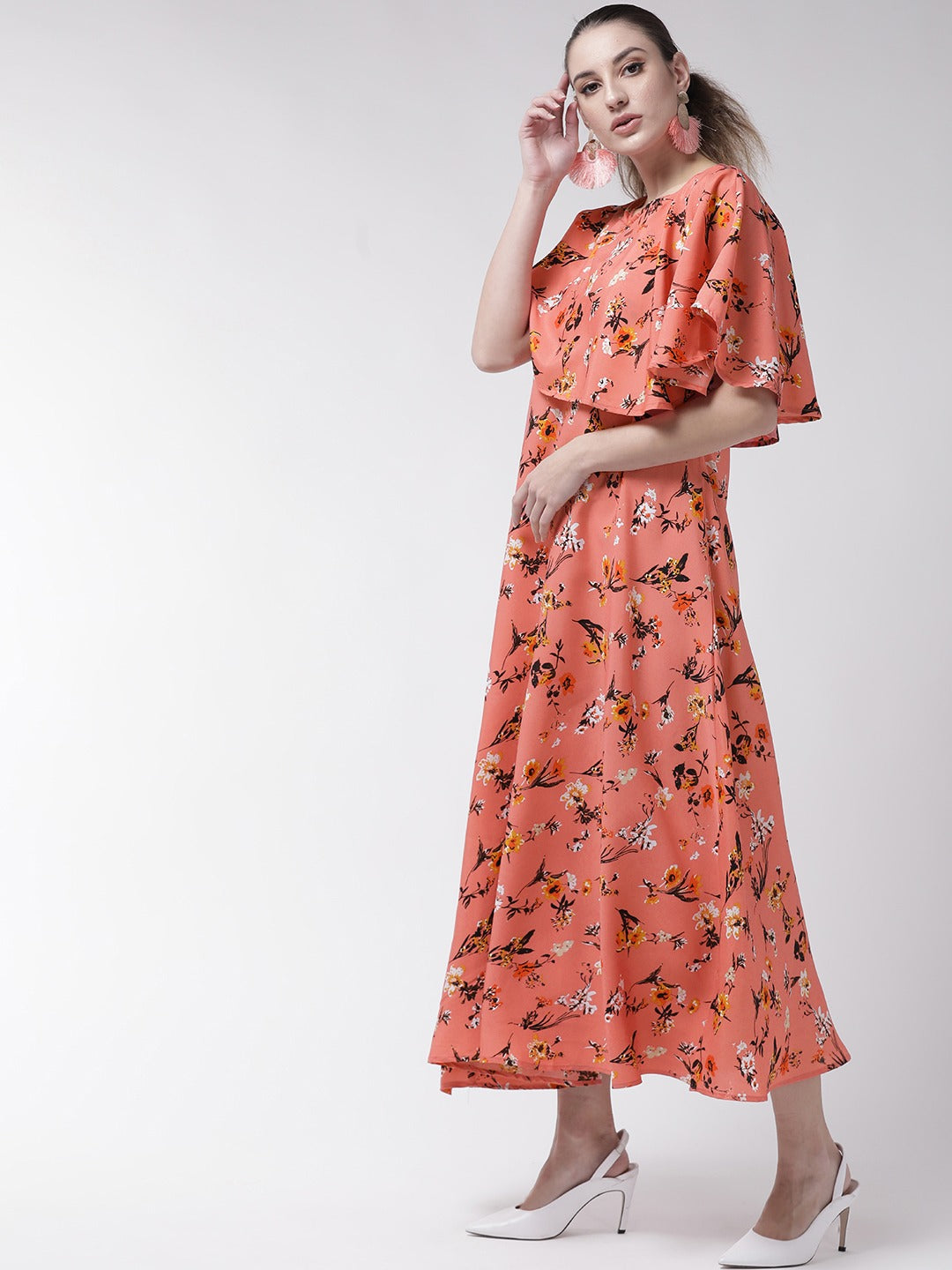 Women Peach-Coloured & Coffee Brown Floral Print Maxi Dress