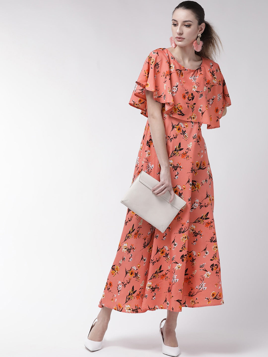 Women Peach-Coloured & Coffee Brown Floral Print Maxi Dress
