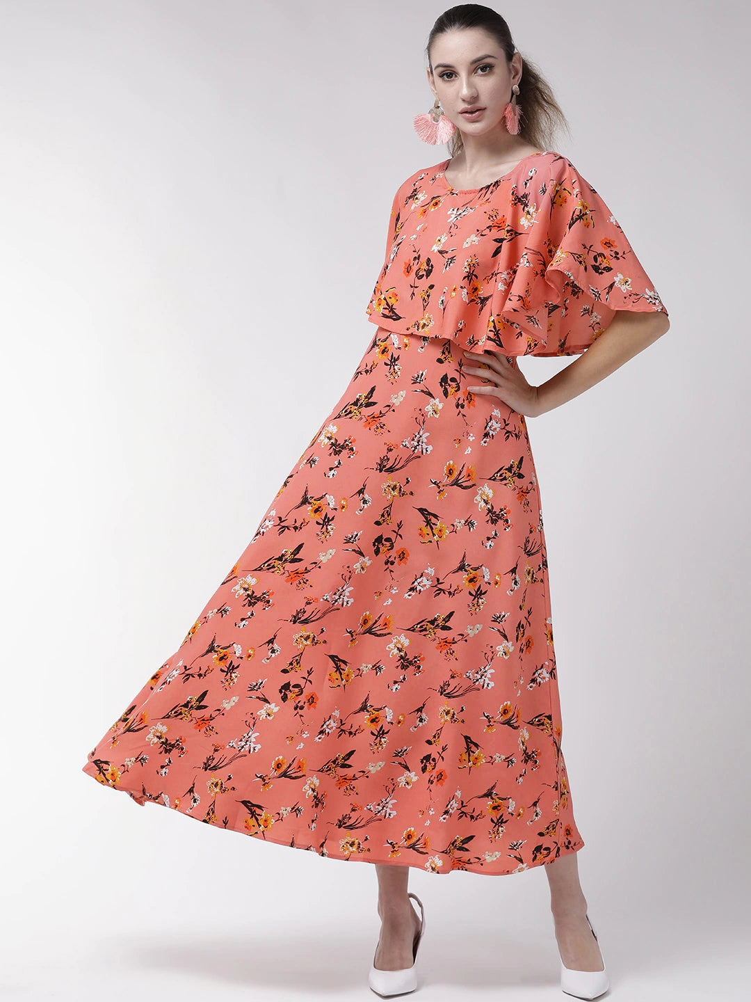 Women Peach-Coloured & Coffee Brown Floral Print Maxi Dress