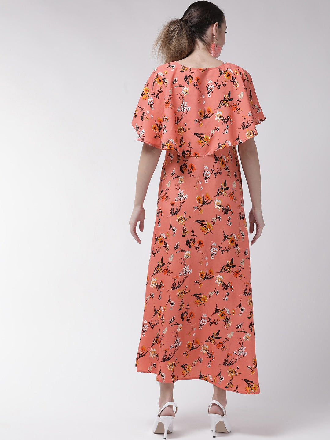 Women Peach-Coloured & Coffee Brown Floral Print Maxi Dress